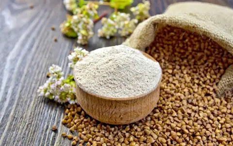 Blé noir et sarrasin : une différence subtile entre la graine et la farine. Le sarrasin, aussi appelé blé noir, se présente ici en grains dans un sac et en farine dans un bol en bois.