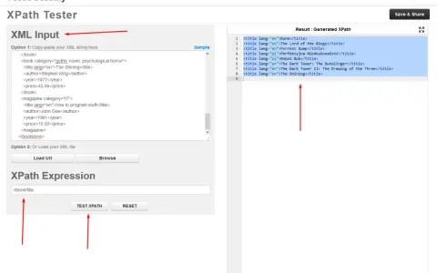 Narzędzie do testowania XPath z przykładowym XML i wynikami. Użyj tego **xpath cheatsheet** do ekstrakcji tytułów książek.