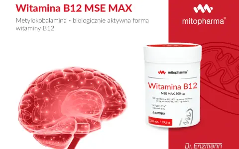 Wsparcie dla mózgu: witamina B12 na co pomaga. Czerwony mózg i opakowanie suplementu diety z witaminą B12.
