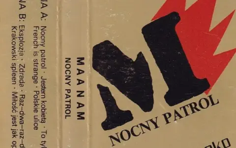 Okładka płyty MAANAM "NOCNY PATROL". Tekst piosenki "czekam na wiatr co rozgoni" jest częścią tytułów utworów.