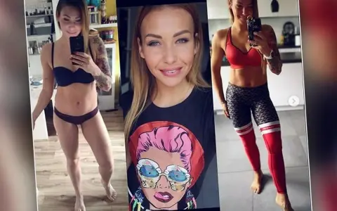 Kobieta pokazuje swoje przemiany. Widzimy ją w bieliźnie, w koszulce z grafiką i w stroju sportowym. To dowód na skuteczną dietę keto.