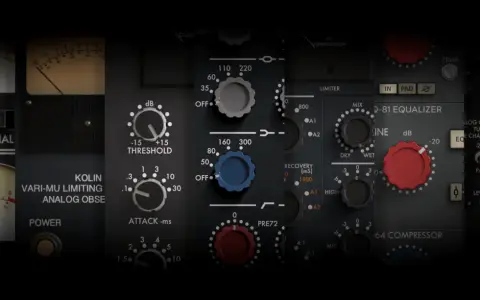 Panel kontrolny sprzętu audio z pokrętłami i wskaźnikami VU. Widać napisy "KOLIN VARI-MU LIMITING ANALOG OBSESSION".