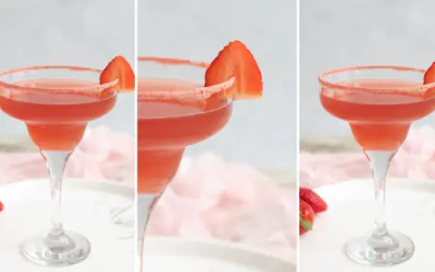 Margarita klasyczna kontra Margarita truskawkowa. Dwa drinki w kieliszkach, jeden z plasterkiem truskawki, drugi bez.