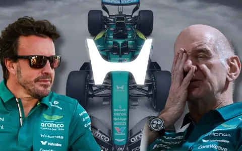 Fernando Alonso y un coche de Aston Martin, con la silueta de Adrian Newey en el fondo.