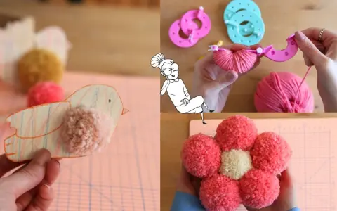 Anleitung zum pompons selber machen: Ein Vogel aus Papier mit Pompon, Werkzeuge und Garn, sowie eine Pompon-Blume.