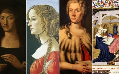 Quattro ritratti femminili: un volto enigmatico, una dama con trecce, una donna con riccioli e una figura che scrive, forse Cristina da Pizzano.