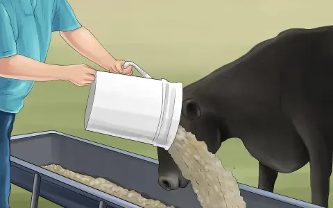 A person pours feed into a trough for a black cow, illustrating prevention of nitrate poisoning in cattle.