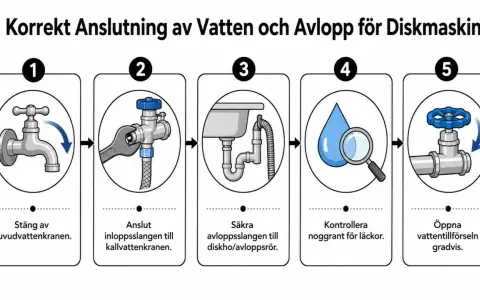Steg-för-steg-guide för att installera diskmaskin: stäng av vatten, anslut slang, säkra avlopp, kontrollera läckor, öppna vatten.