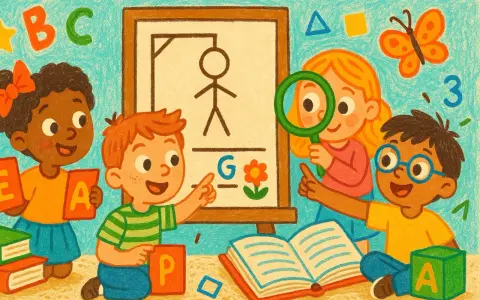 Niños aprenden con alegría. Un niño señala la letra "G" en un tablero, otro sostiene la "A", mientras una niña usa una lupa. ¡Una escena de iniciación a la lectura!