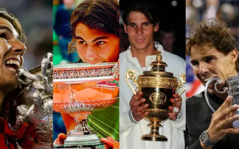 Rafael Nadal celebra sus grand slams, mostrando la gloria de sus victorias en el tenis.