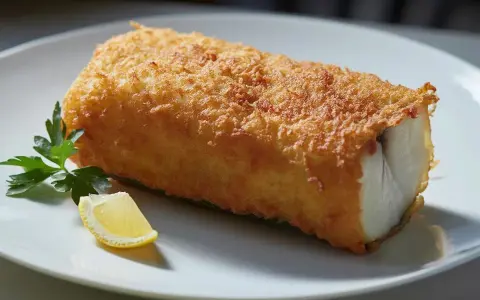Un trozo de bacalao rebozado y dorado, servido con perejil y limón. Perfecto para tus recetas de bacalao.