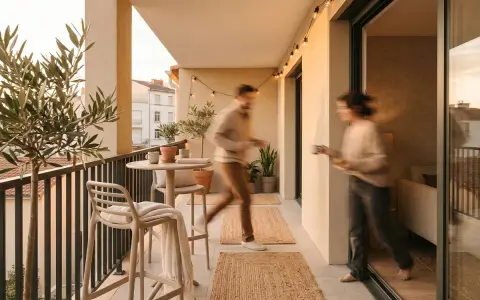 Un balcone piccolo abbellito con piante, un tavolino, sedie e luci. Perfetto per godersi momenti all'aperto.
