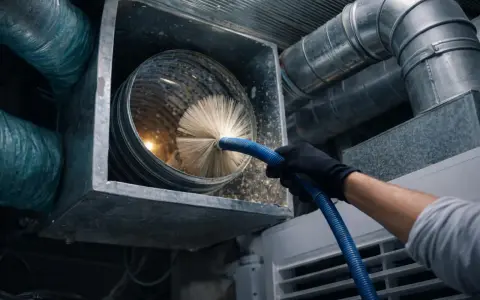Persona con guantes negros usa cepillo para limpiar conductos de aire acondicionado.