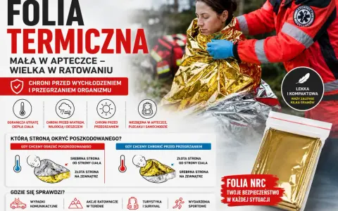 Koc termiczny ratunkowy chroni przed wychłodzeniem i przegrzaniem. Niezbędny w apteczce, plecaku i samochodzie.