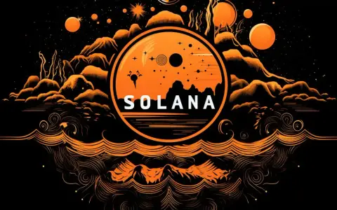 Pomarańczowy krąg z napisem SOLANA na tle kosmicznego krajobrazu z górami i planetami. Symbolizuje potencjał solana blockchain.