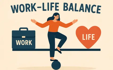 Ilustracja przedstawia kobietę balansującą na kuli, próbując utrzymać równowagę między teczką z napisem "WORK" a sercem z napisem "LIFE". Kluczowe jest osiągnięcie work-life balance.