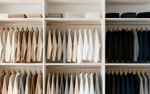 Armario organizado con ropa colgada y doblada en tonos neutros y oscuros. Una clara **estética minimalista** que inspira orden y calma.