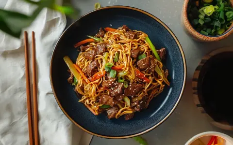 Pyszny makaron chow mein z wołowiną i warzywami, posypany sezamem. Obok pałeczki i miseczka z sosem sojowym.