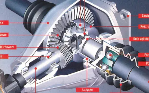 Przekrój mechanizmu dyfer, ukazujący koła zębate, łożyska i półosie.