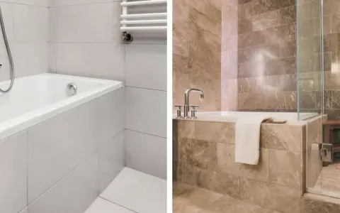 Salle de bain moderne avec baignoire et douche, habillage baignoire carrelage élégant.