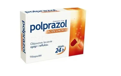 Opakowanie leku Polprazol, stosowanego na zgagę i refluks. Czy polprazol jest szkodliwy? Informacje na ulotce.