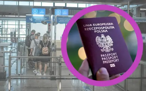 Paszport UE w dłoni, a w tle kolejka do kontroli granicznej. Czy do Wielkiej Brytanii trzeba mieć paszport? Sprawdź zasady wjazdu.
