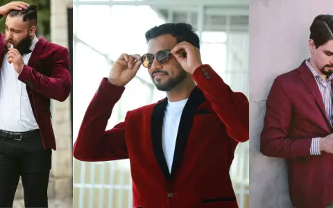 Three men sport stylish burgundy and red blazers. One adjusts his hair, another his sunglasses, and the third checks his phone.