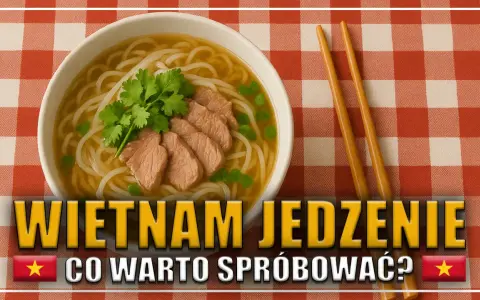 Miska wietnamskiej zupy pho z wołowiną i kolendrą, pałeczki, na czerwono-białej kratce.