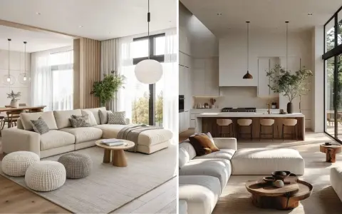 Interni luminosi di una casa beige e bianca con divani comodi, tavolini in legno e una cucina moderna con isola.