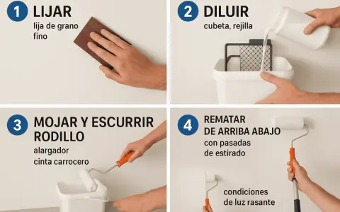 Guía para como pintar paredes con rodillo: lijar, diluir pintura, mojar y escurrir rodillo, y rematar de arriba abajo.
