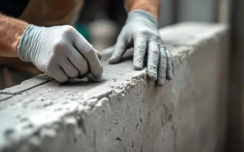 Mains gantées travaillant sur un linteau en béton brut. La texture granuleuse du matériau est visible, suggérant un travail de finition minutieux.