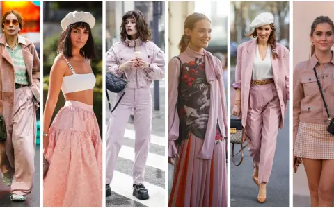 Sei donne sfoggiano un outfit marrone e rosa, con diverse interpretazioni di stile, da cappotti oversize a completi eleganti e gonne svolazzanti.