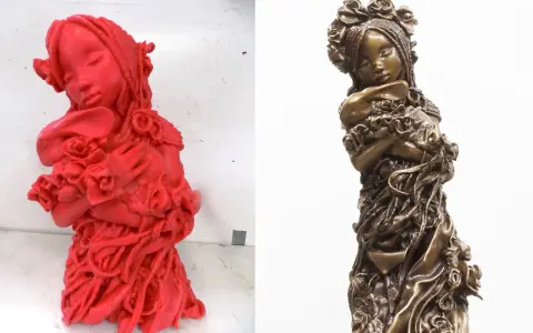 A red 3D printed model of a girl holding flowers, ready for casting, compared to the finished bronze sculpture.