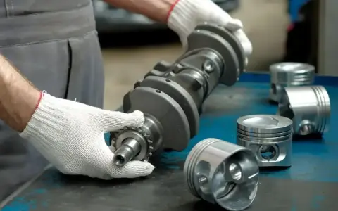 Mechanik w białych rękawiczkach trzyma wał korbowy, obok leżą tłoki. Uszczelniacz na wale jest kluczowy dla silnika.