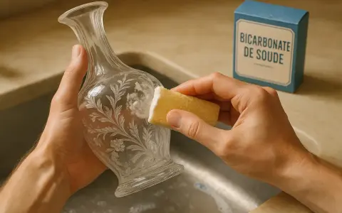 Apprendre comment nettoyer du cristal : une éponge imbibée de bicarbonate de soude frotte délicatement un vase orné.