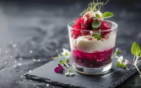 Verrines betteraves boursin vinaigre balsamique miel, une création culinaire aux couches vibrantes et garniture délicate.