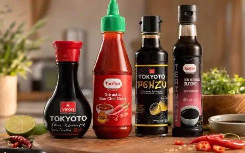 Cztery butelki sosów: sos sojowy Tokyoto, ostry sos chili Sriracha, cytrusowy sos ponzu i słodki sos teriyaki. Najlepszy sos sojowy do sushi.