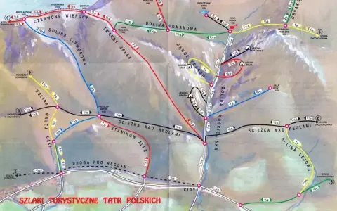 Mapa turystyczna Tatr z zaznaczonym szlakiem przez Dolinę Kościeliską.