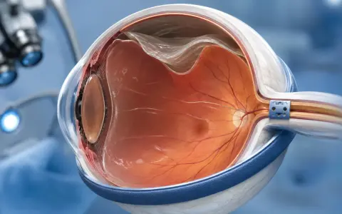 Dettaglio anatomico dell'occhio con il vitreo trasparente, pronto per un emovitreo intervento. Si intravede un microscopio chirurgico.