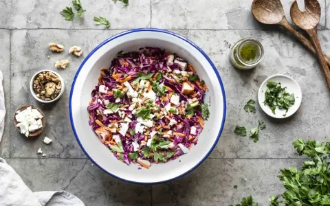 Frischer rotkohlsalat mit feta, karotten, walnüssen und Petersilie, bereit zum Servieren.