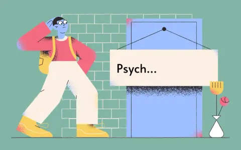 Zastanawiasz się, czy wybrać psychologa, czy psychiatrę? Postać z plecakiem waha się przed drzwiami z napisem "Psych...".