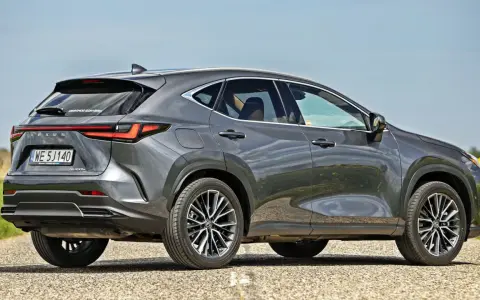 Szary Lexus NX 350h na tle pola rzepaku. Sprawdź, jaka jest aktualna lexus nx 350h cena i wybierz swój wymarzony SUV.