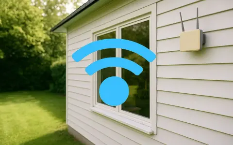 Ein WLAN-Symbol über einem Fenster und ein Router an der Hauswand signalisieren: Internet im Garten ist möglich.