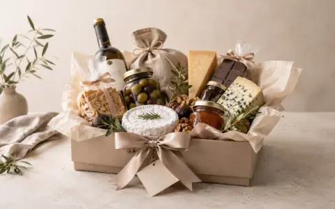 En lyxig presentkorg fylld med ost, kex, oliver, marmelad, choklad och vin. Perfekt för en gourmand.