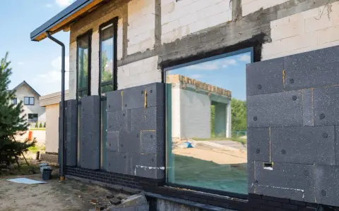 Maison en construction avec isolation par l'extérieur en panneaux gris. Les fenêtres reflètent le ciel bleu et un autre bâtiment.