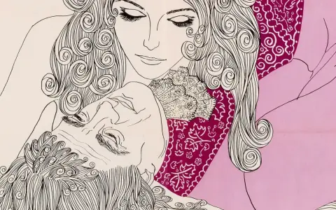 Dessin d'un homme et d'une femme enlacés, aux cheveux bouclés. L'homme, au regard clos, semble inspirer une **sade ecrivain** qui le contemple tendrement.