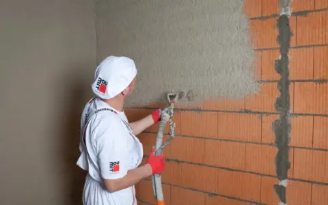 Pracownik w białym ubraniu nakłada tynk agregatem na ścianę z cegły. Obliczanie, ile wiader tynku na 200m2, to klucz do efektywnej pracy.