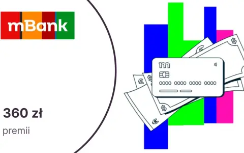 Zgarnij 360 zł premii w programie poleceń mBank. Karta i pieniądze na kolorowym tle.