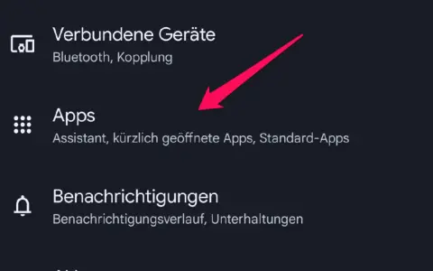 Android-Menü mit hervorgehobener Option "Apps" und Pfeil.