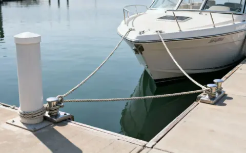 Bateau blanc amarré à un quai avec des cordages et des taquets.